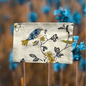 Floral Bird canvas cosmetic bag - Cream and Blue